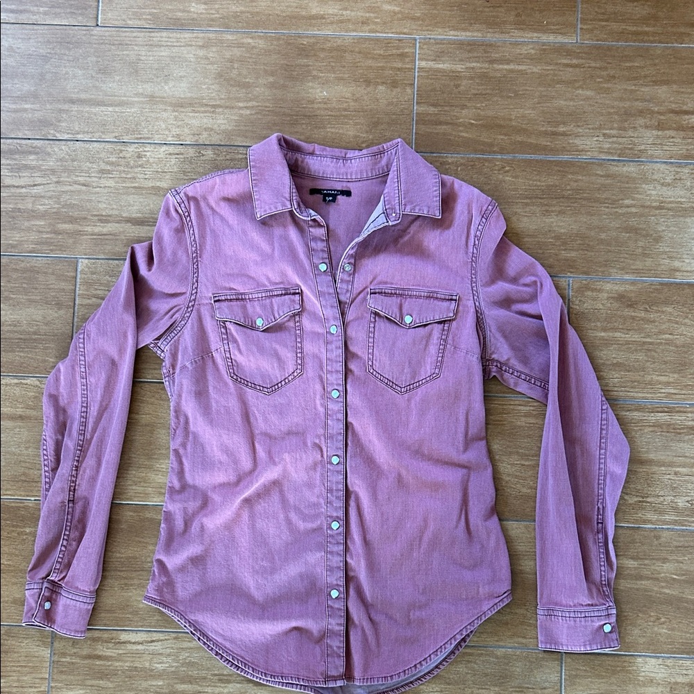 Ladies size, small stretch, denim light, pink, button-down shirt.